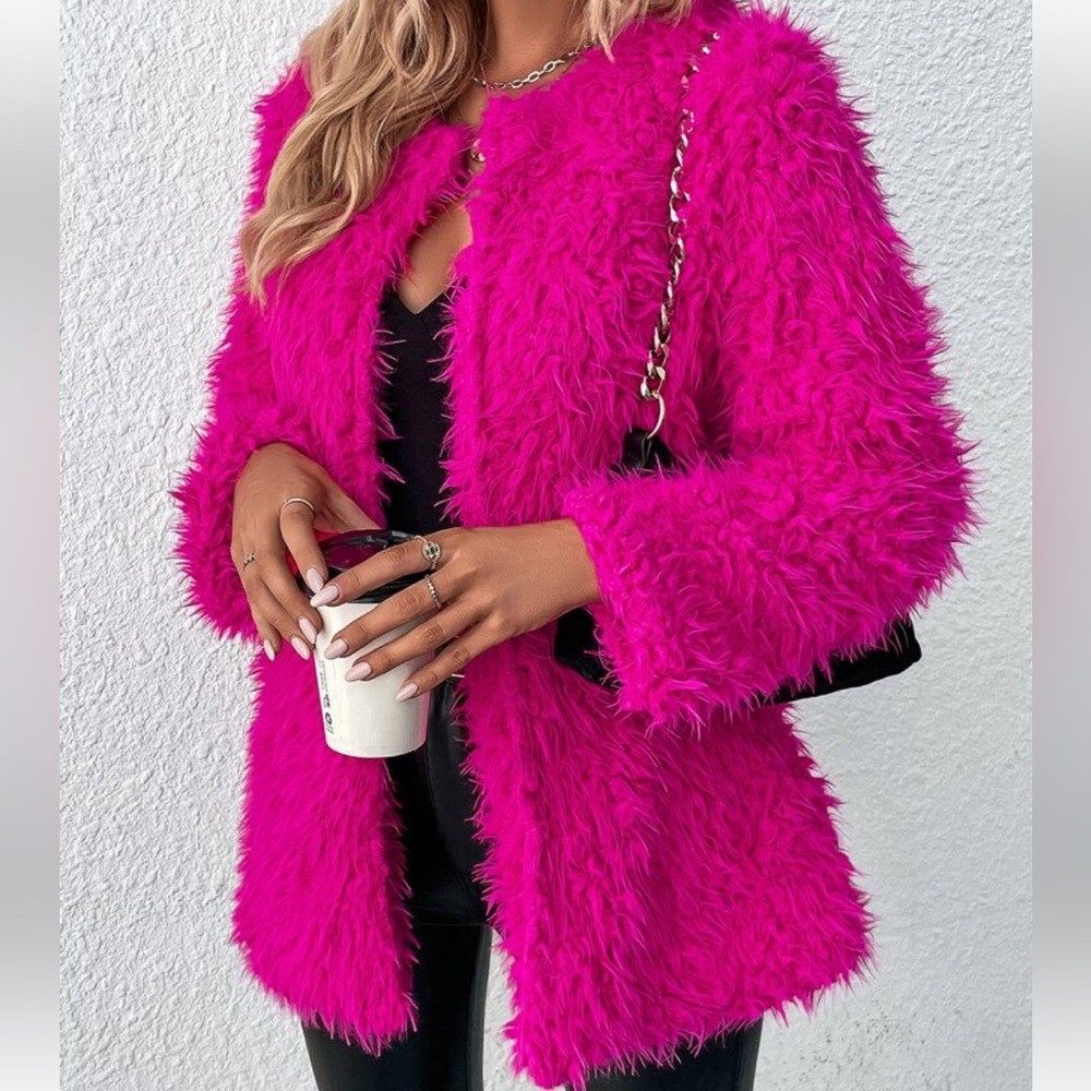 Cozy Faux Vegan Fur Open Front Jacket Coat Hot Pink - Picture 7 of 14